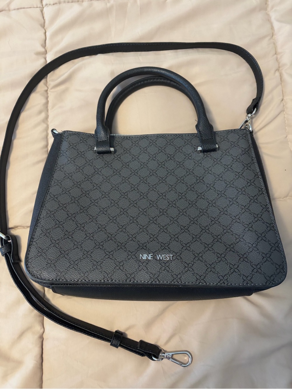 Nine West Black Textured Top-Handle Satchel with Crossbody Strap